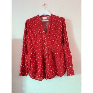 Maeve Womens Red Anchor Print Long Sleeve Button-Down Blouse Top Size 14 Casual